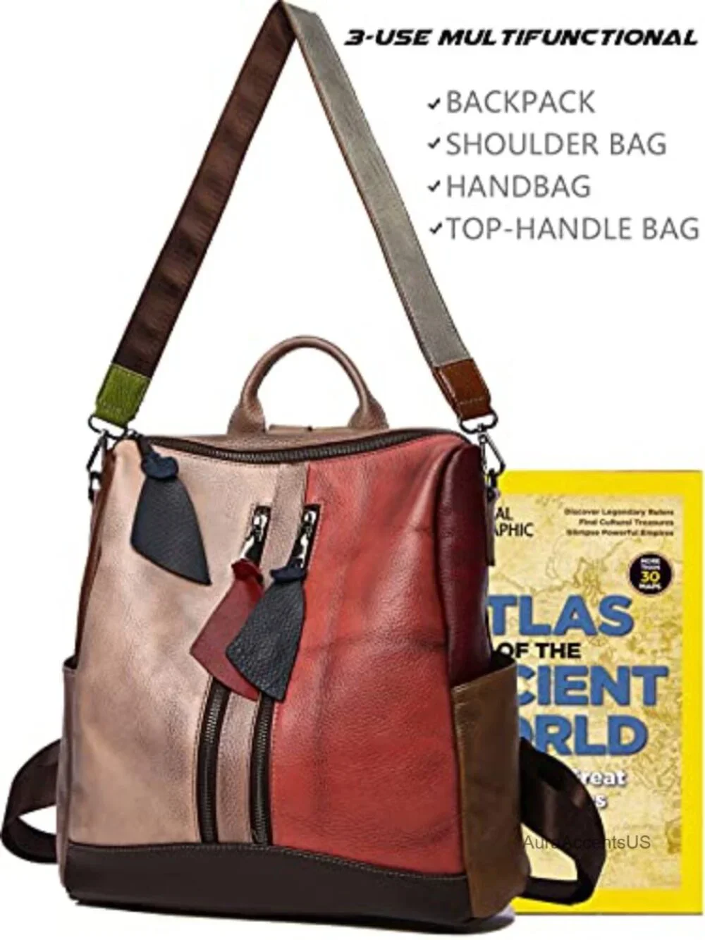 Genuine Leather Convertible Backpack Shoulder Bag Patchwork Satchel